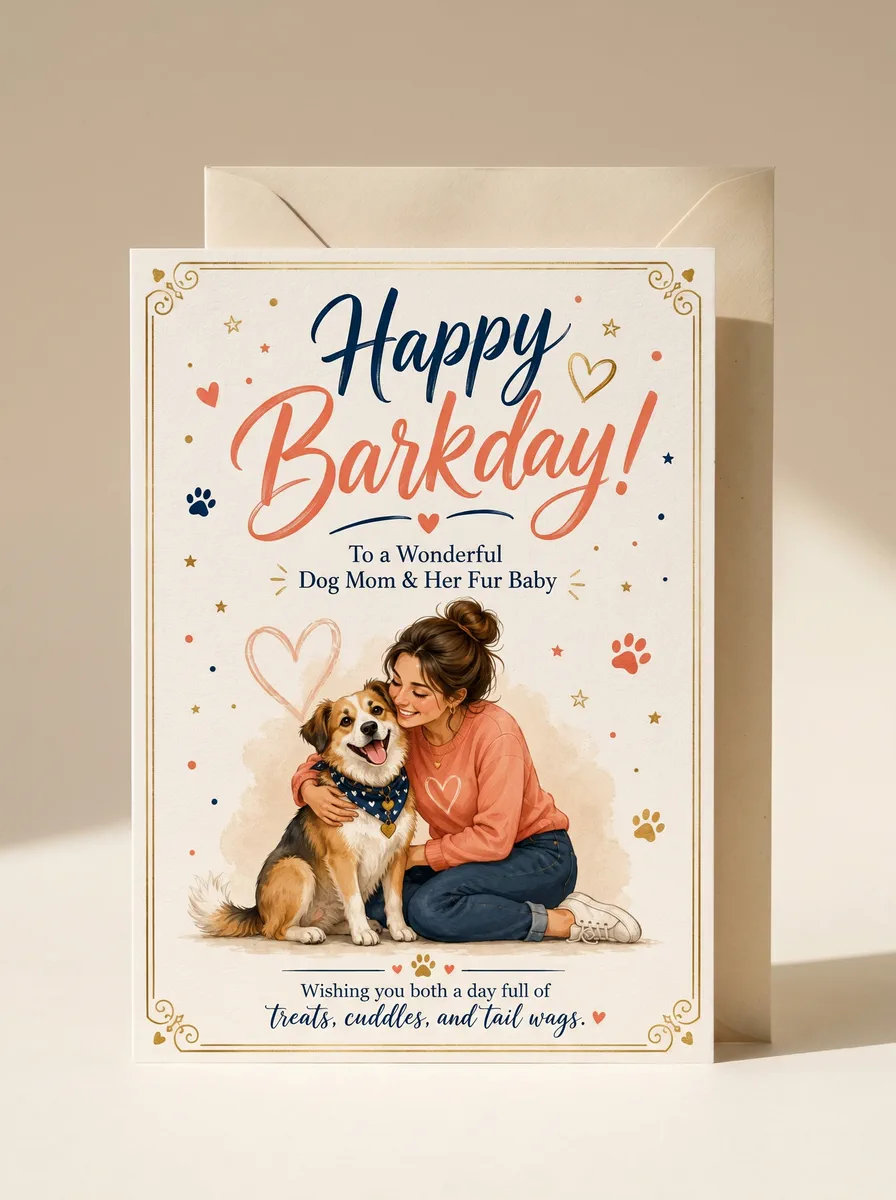 Happy Barkday greeting card for a dog mum and her fur baby, standing with its envelope