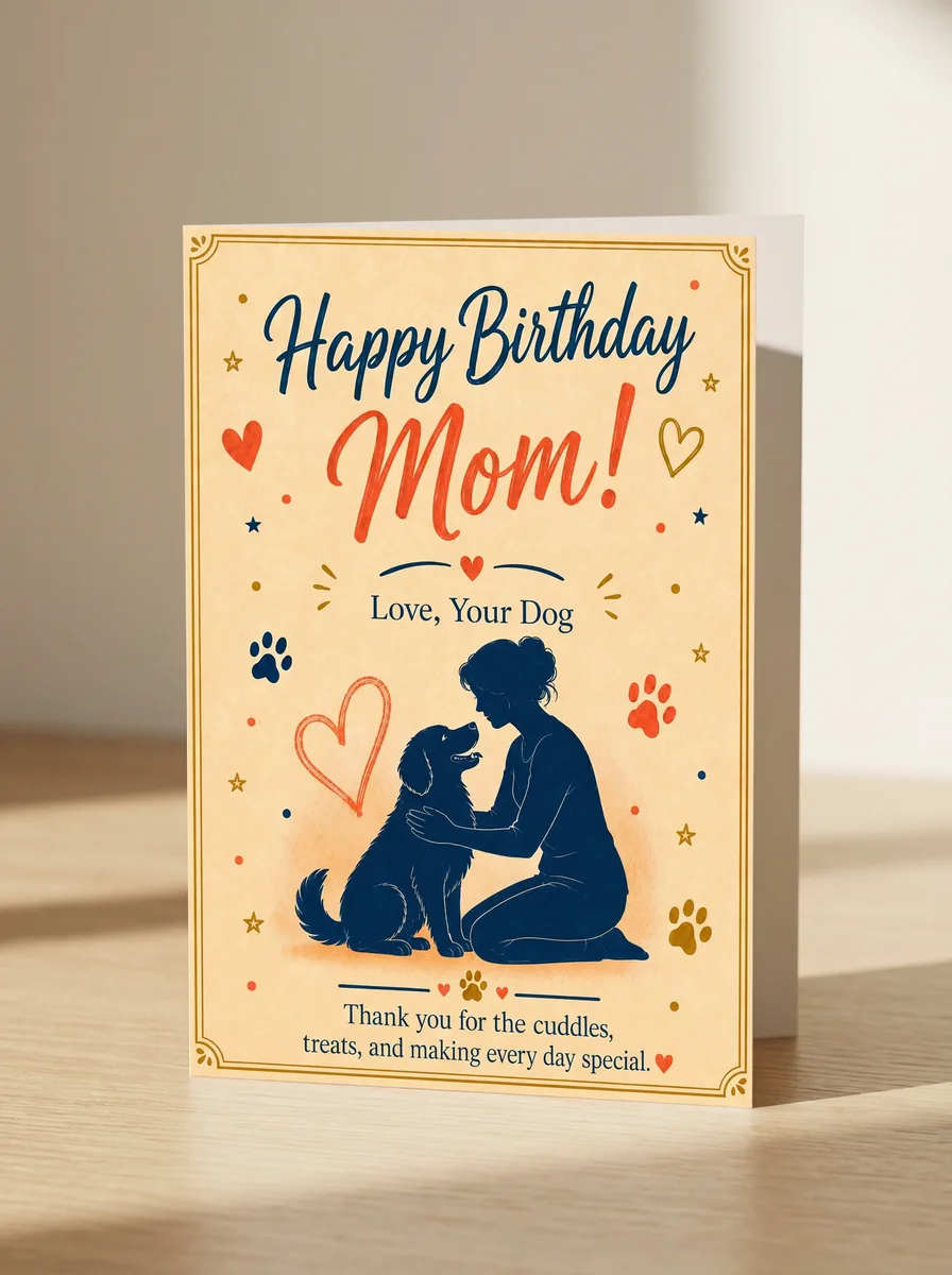 Happy Birthday Mom card from the family dog, standing on a desk