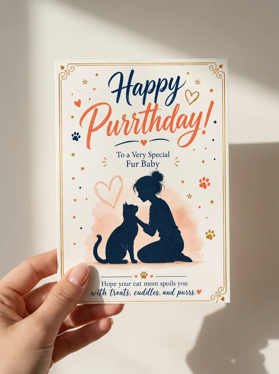 Happy Purrthday greeting card for a cat, held in one hand
