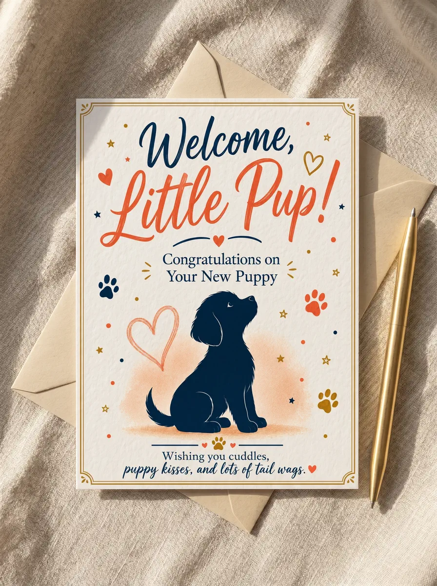 Welcome, Little Pup new puppy congratulations card, laid on linen with its envelope and a pen