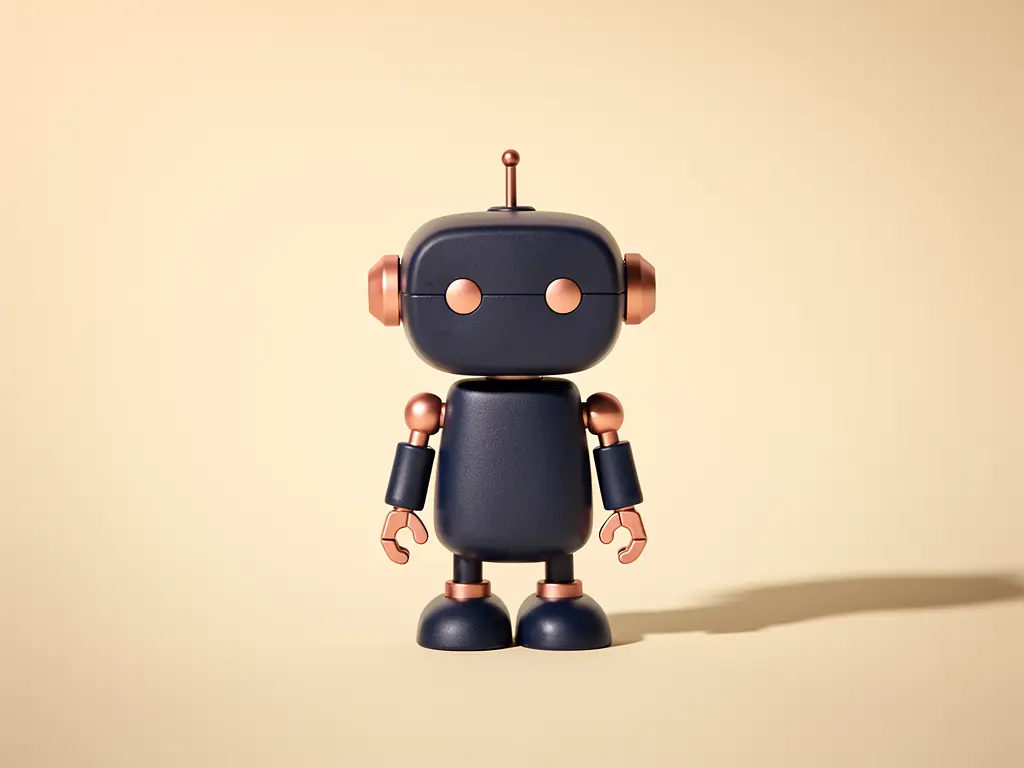 A small matte navy robot figure with rose-gold eyes and joints, standing alone on cream — an editorial still-life representing practical, everyday AI