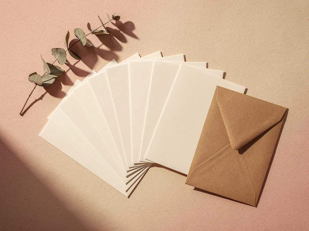 Rose Shop greeting cards fanned out on warm paper with a kraft envelope — every card ships with its own envelope