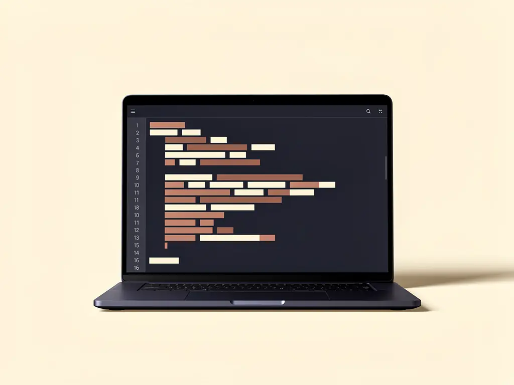 A navy laptop open on cream, its screen showing neatly indented lines of code — an editorial still-life representing software built by the people who quote for it